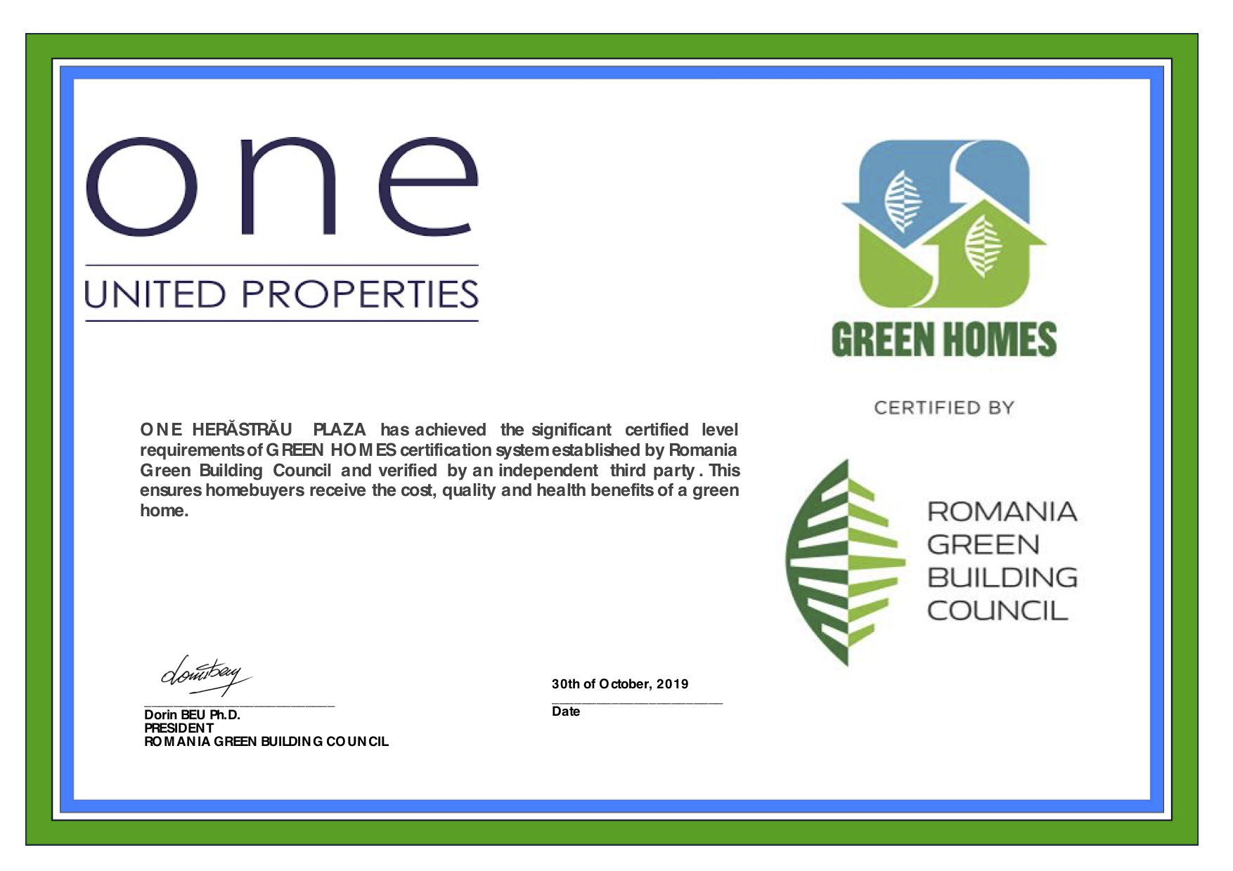 One Herăstrău Plaza has obtained ”Green Homes” certification