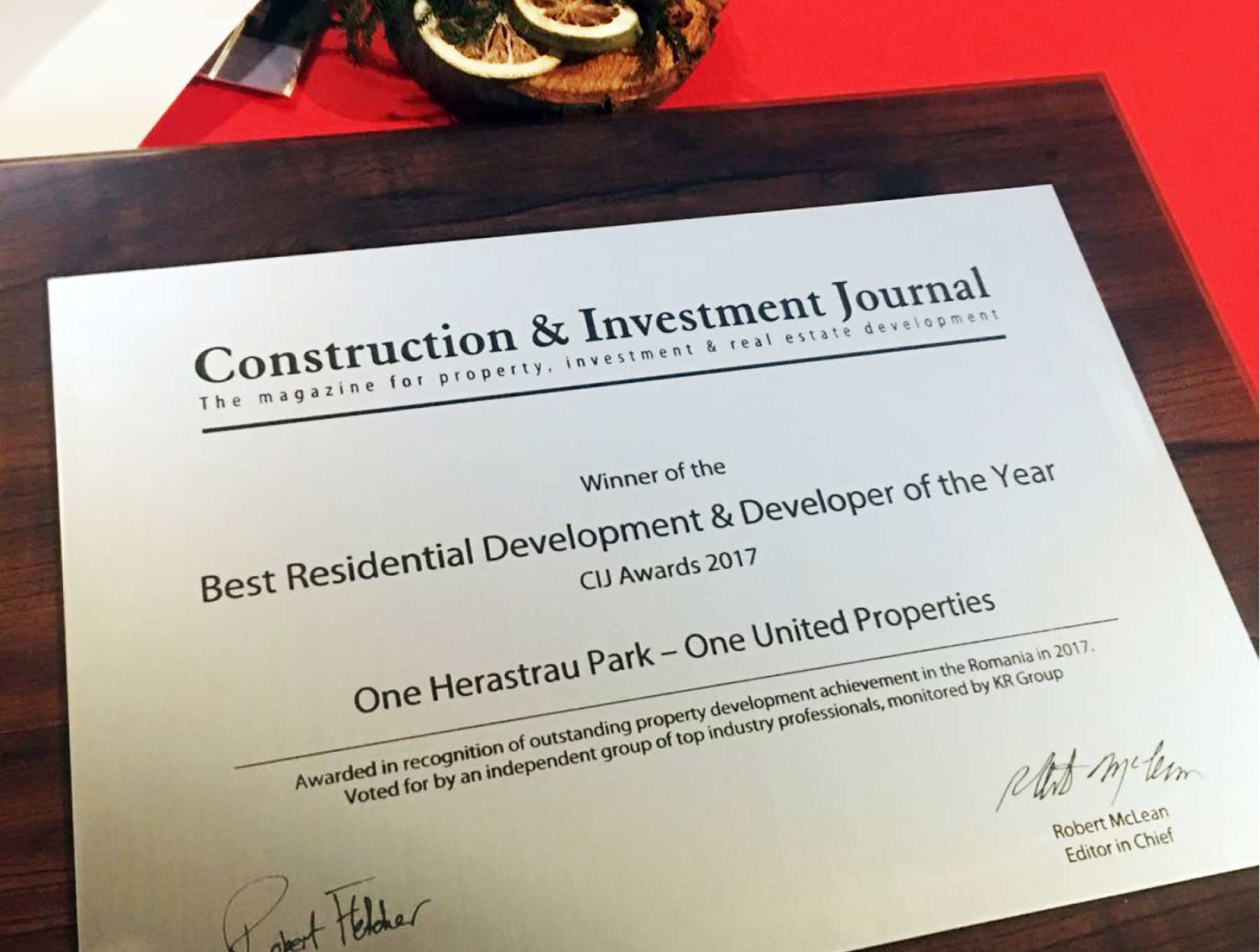 One United Properties is the winner of the Best Residential Development & Developer of the Year Award at CIJ Awards Romania 2017