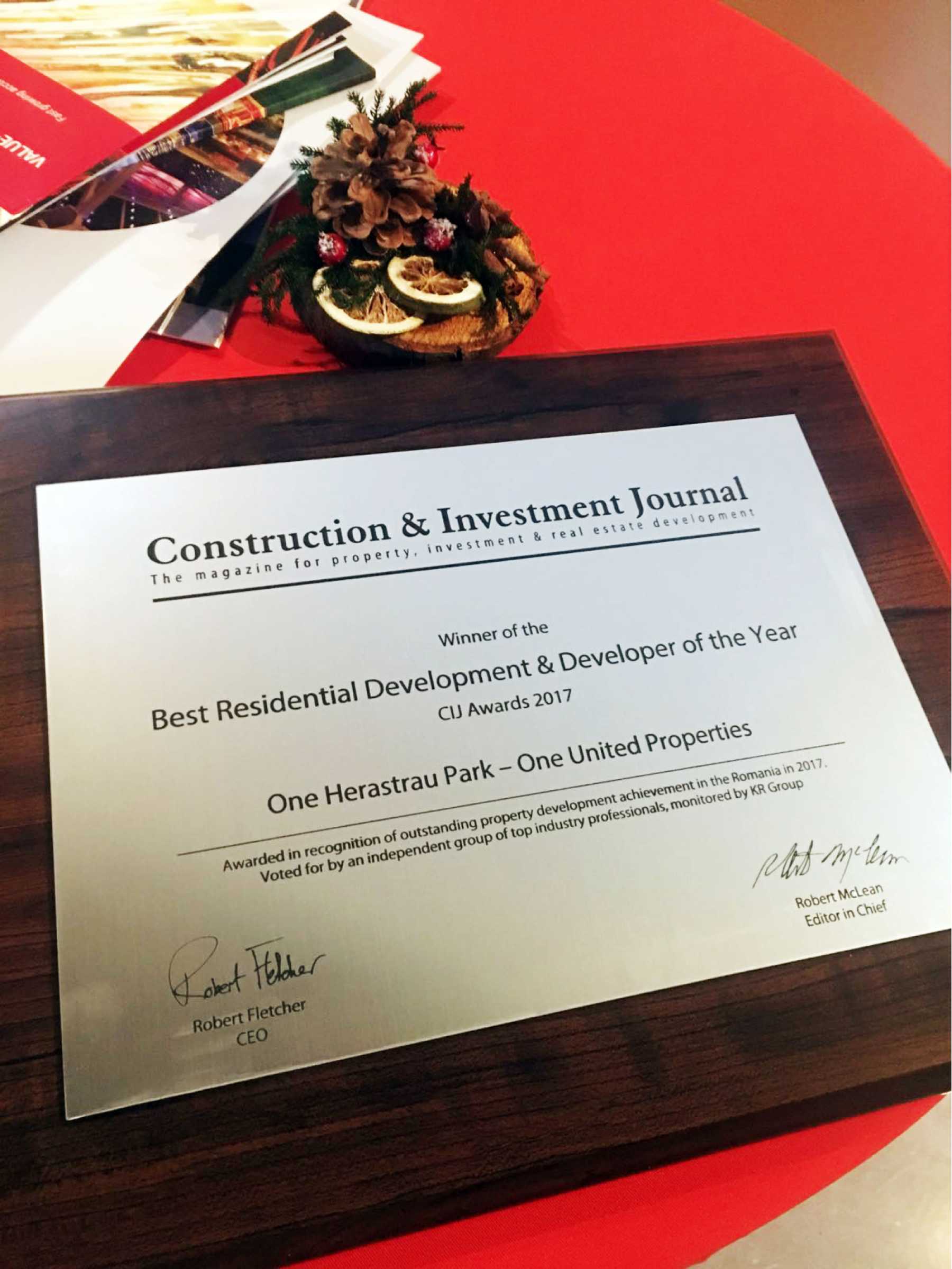 One United Properties is the winner of the Best Residential Development & Developer of the Year Award at CIJ Awards Romania 2017