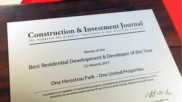 One United Properties is the winner of the Best Residential Development & Developer of the Year Award at CIJ Awards Romania 2017