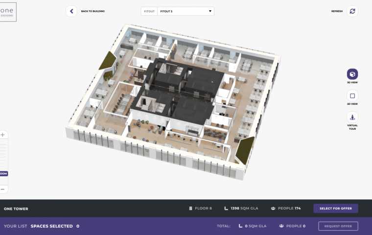 One Tower office building, owned by One United Properties in Bucharest, can be visualized and leased digitally, through Bright Spaces