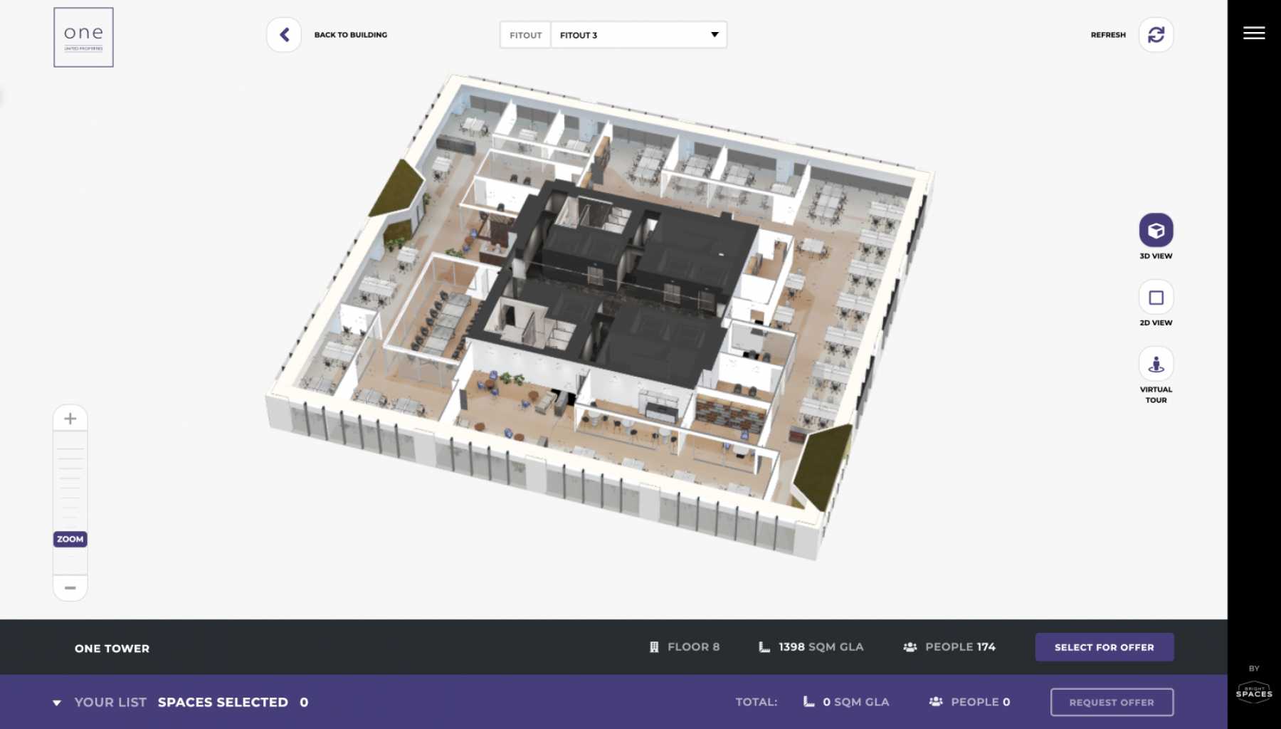 One Tower office building, owned by One United Properties in Bucharest, can be visualized and leased digitally, through Bright Spaces