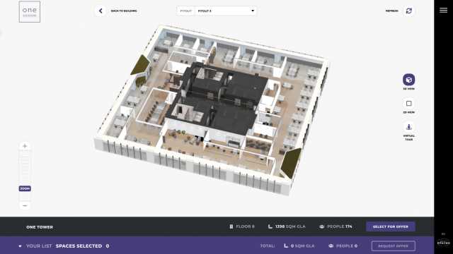 One Tower office building, owned by One United Properties in Bucharest, can be visualized and leased digitally, through Bright Spaces