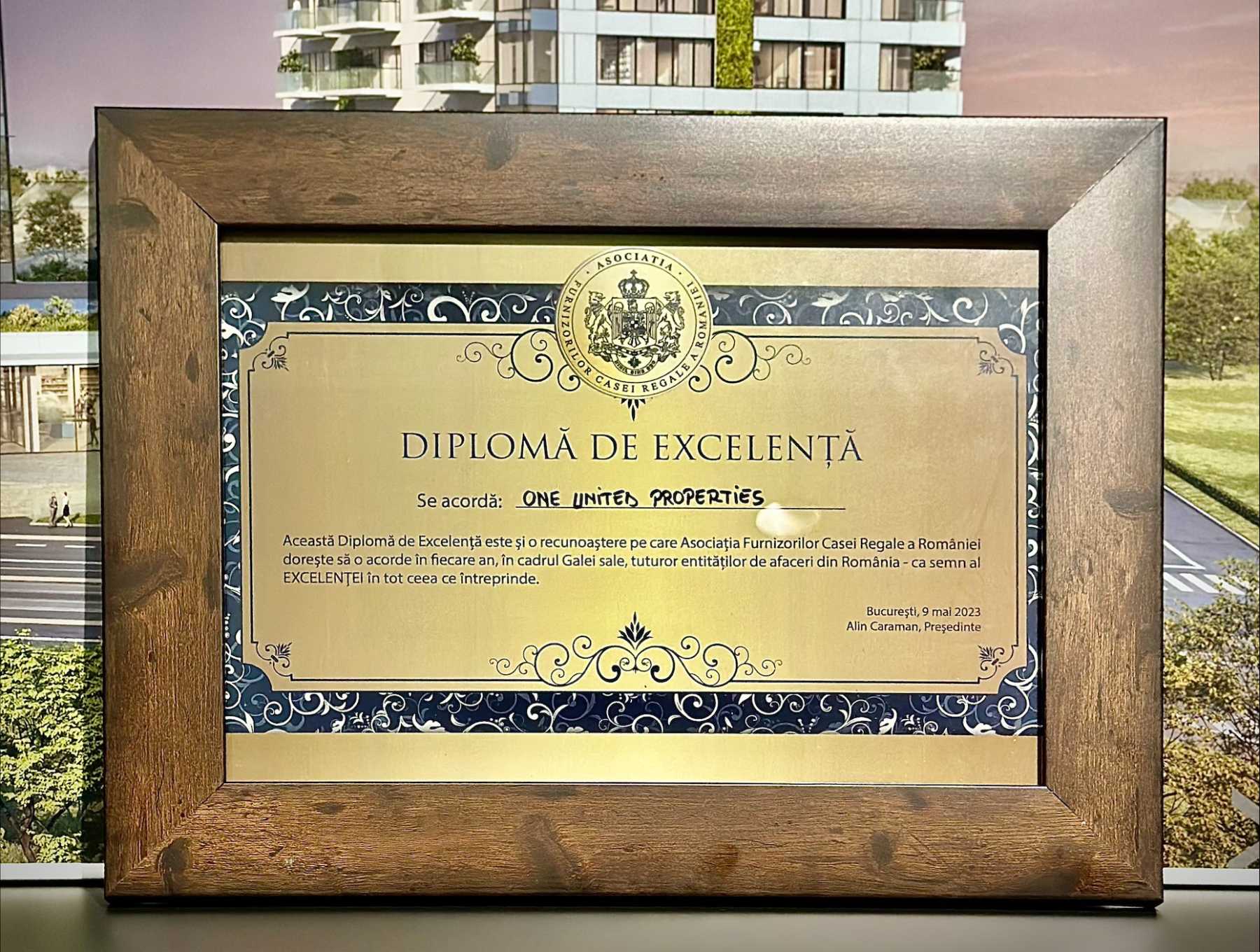 One United Properties, diplomă de excelență din partea Asociației Furnizorilor Casei Regale a României