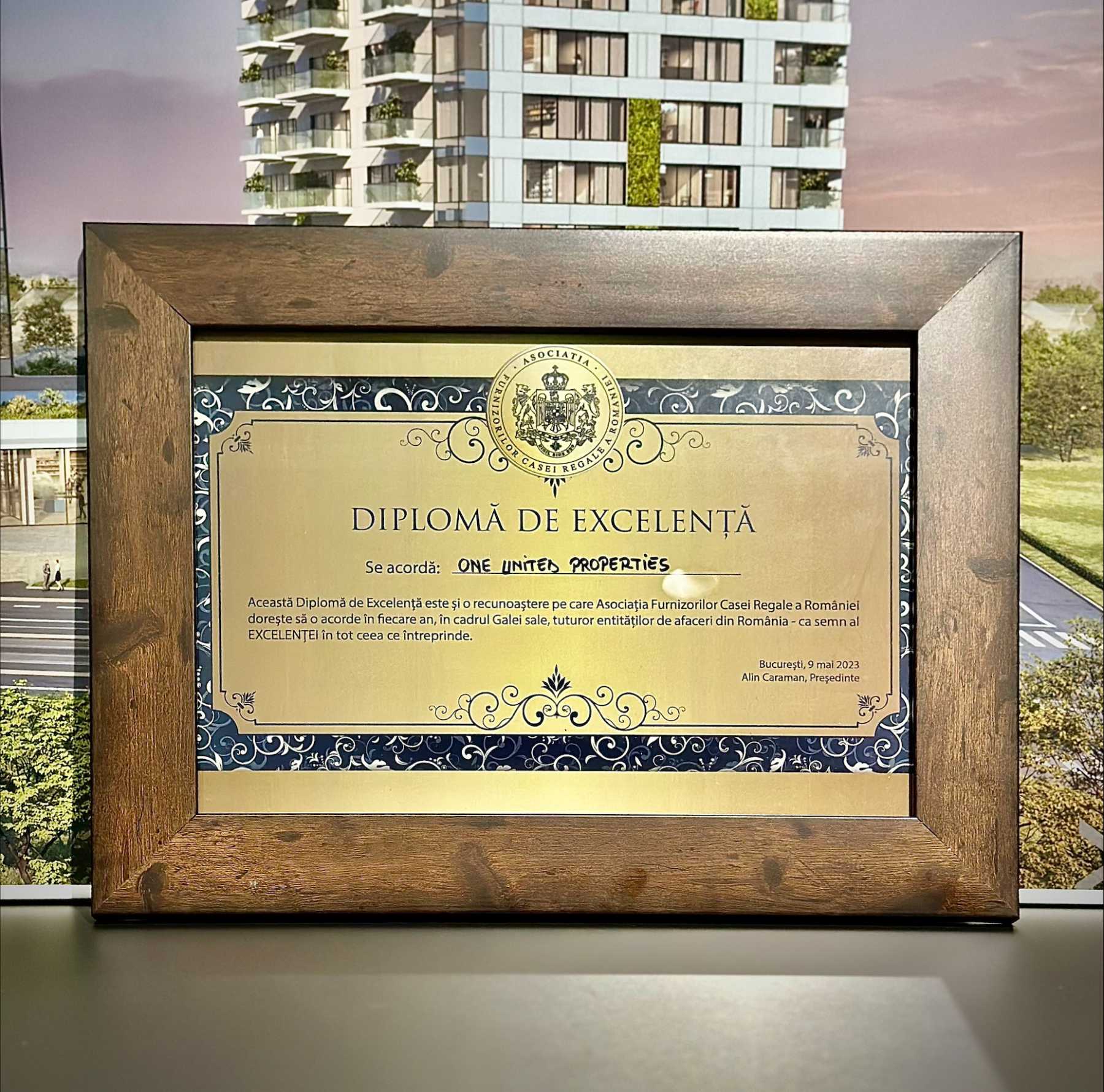 One United Properties received the diploma of excellence from the Association of Suppliers of the Royal House of Romania