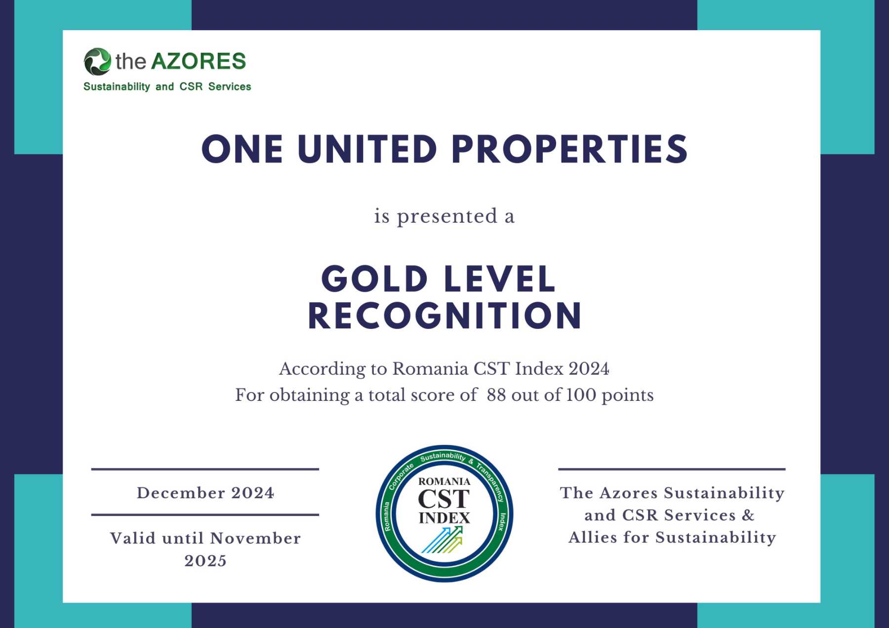 One United Properties awarded gold recognition in Romania CST Index 2024